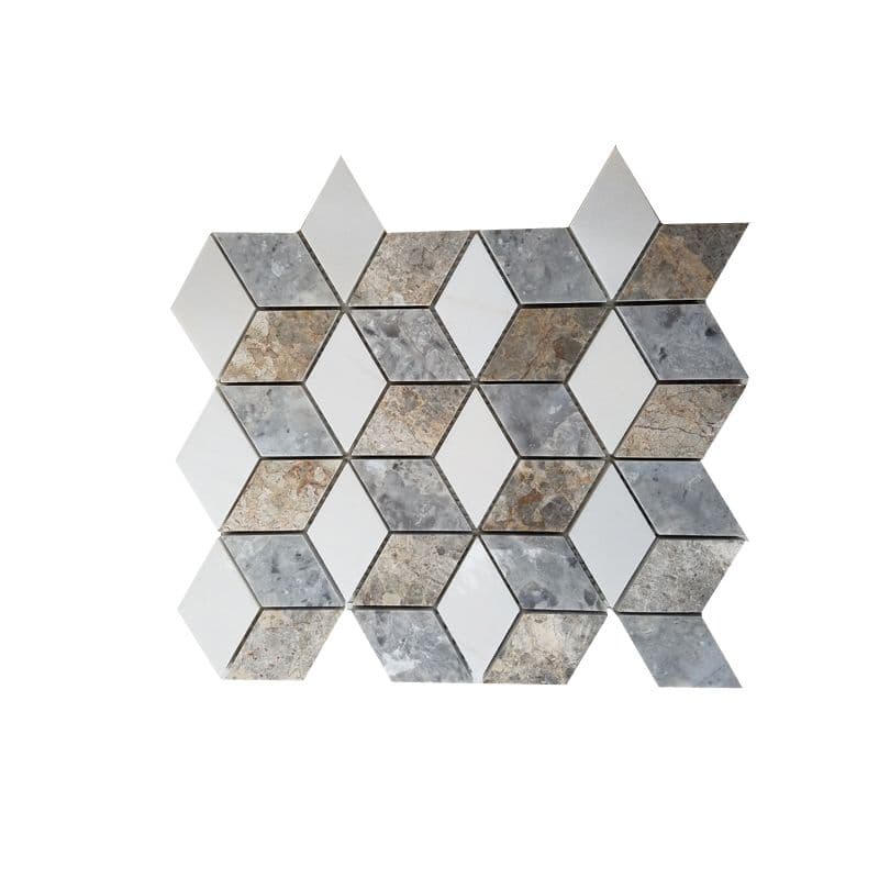 Đá Mosaic 3D Thoi Trắng Sữa, Đen, Vàng Dăm Kết