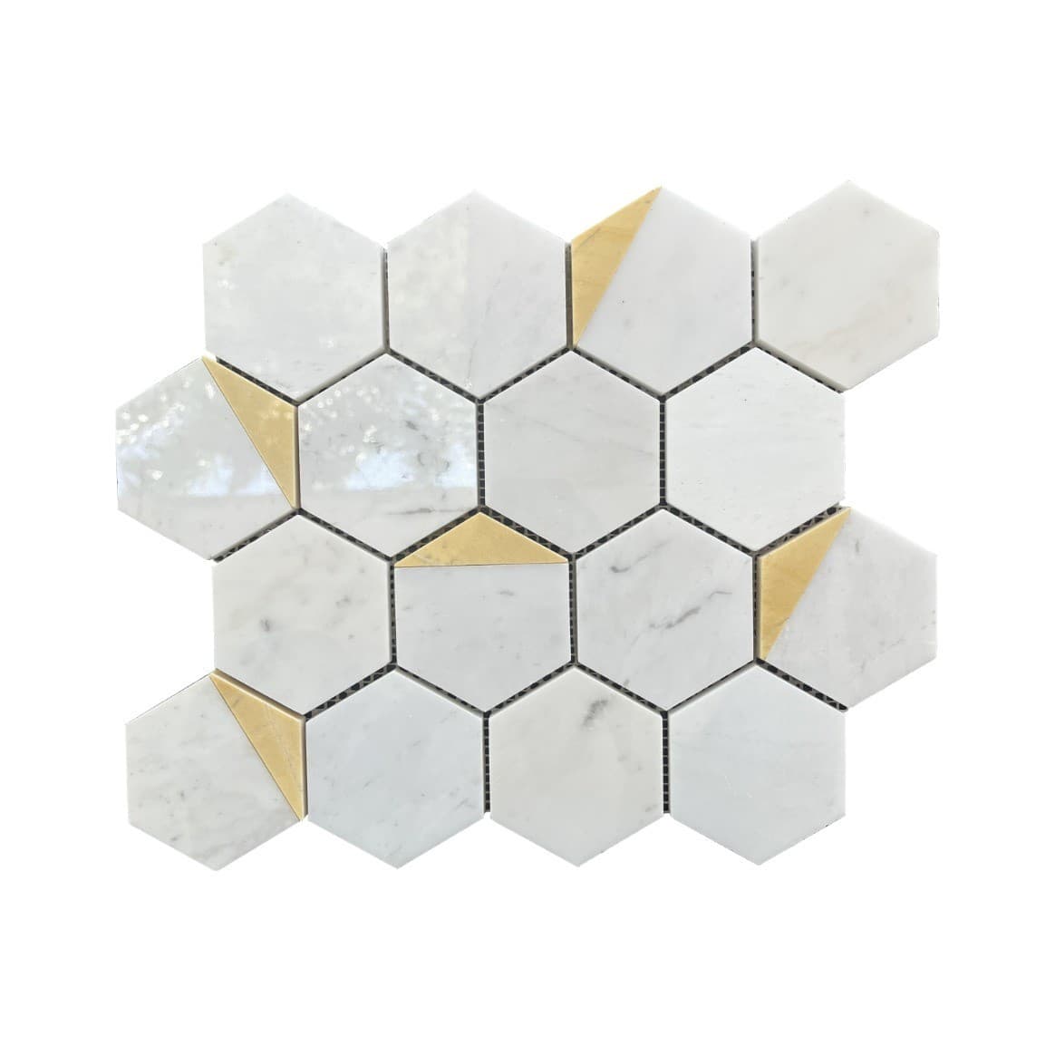 Đá Mosaic Hex 3'' Trắng Sữa, Vàng Nhạt Bóng