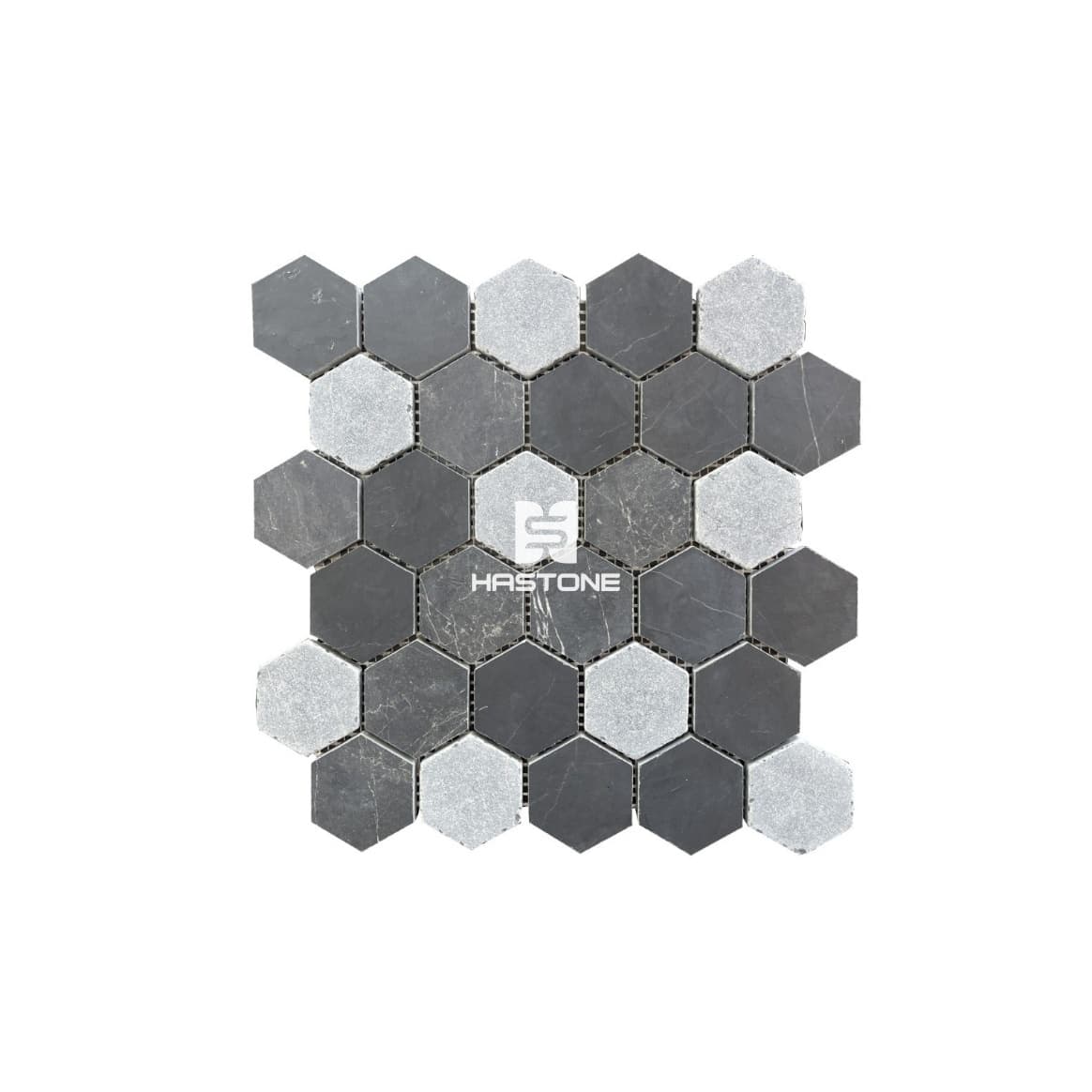 Đá Mosaic Hex 2'' Đen, Ghi Nhạt Honed, Rung